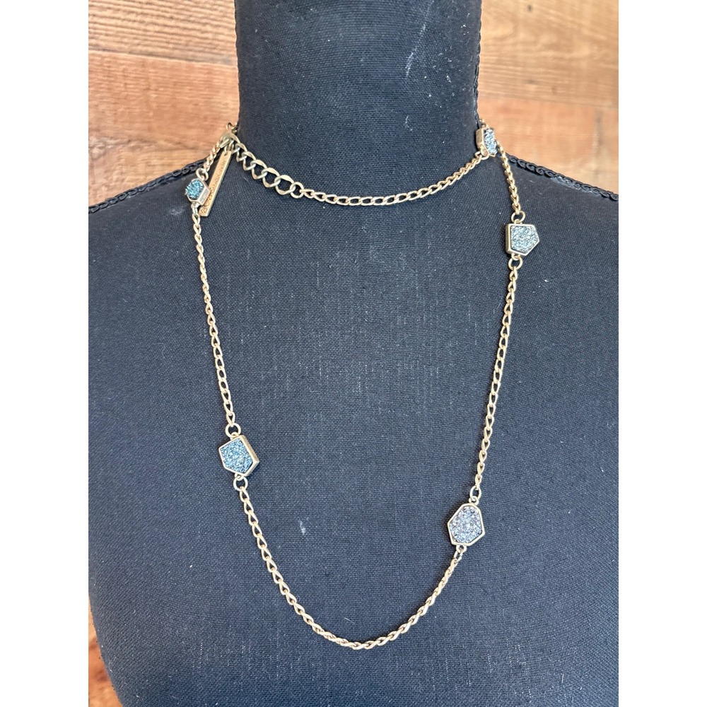 BCBGeneration Gold Tone Long Station Necklace Blue Sparkly Druzy Hexagon J218